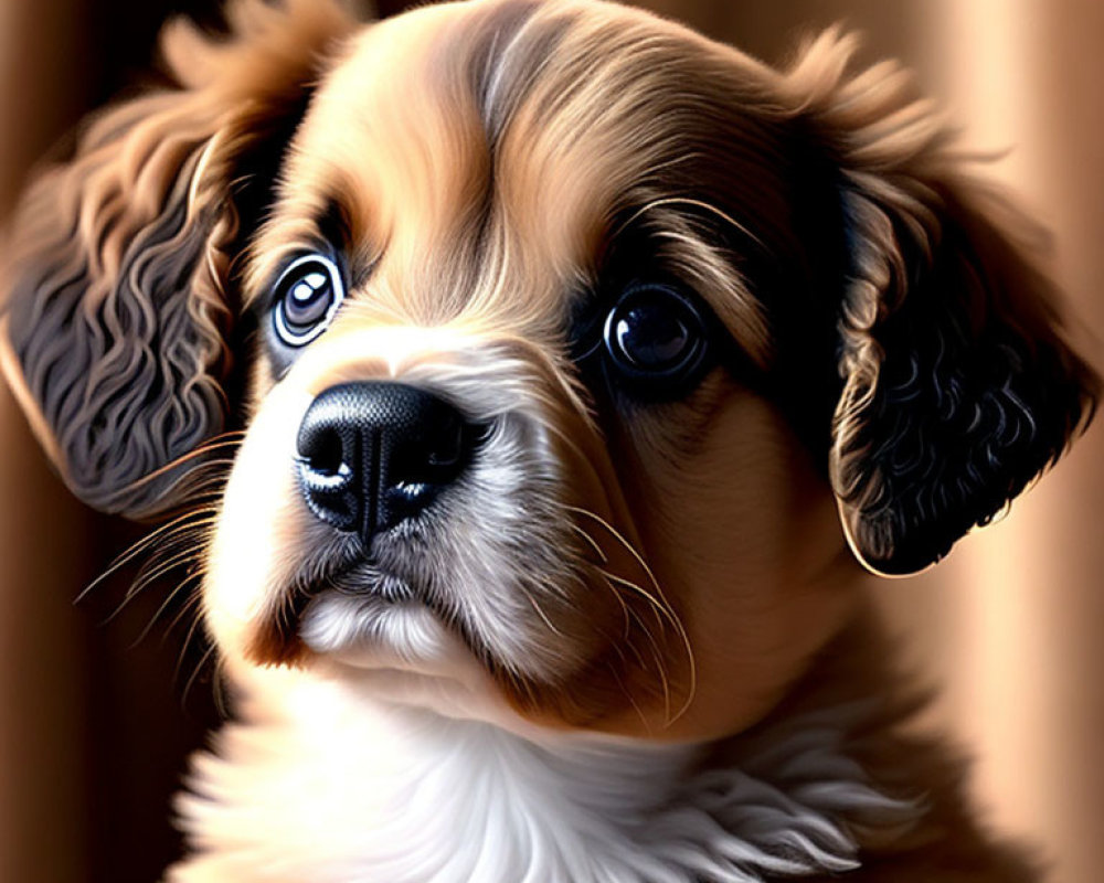 Fluffy Brown and White Puppy Portrait with Expressive Eyes