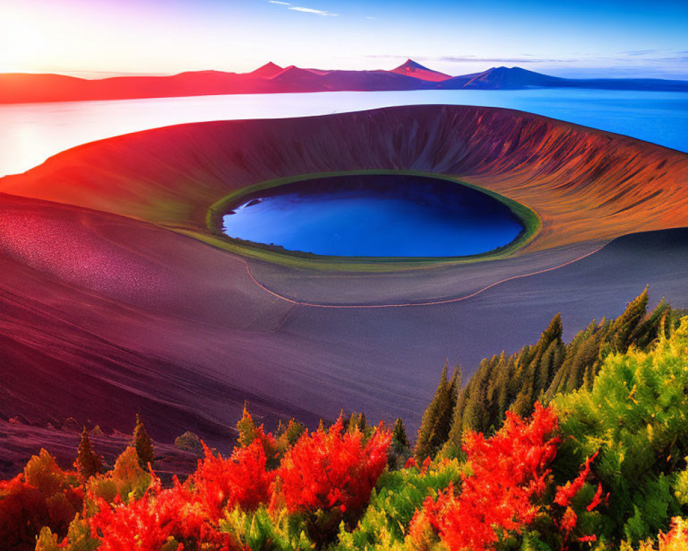 Vivid Autumn Landscape with Crater Lake and Hills