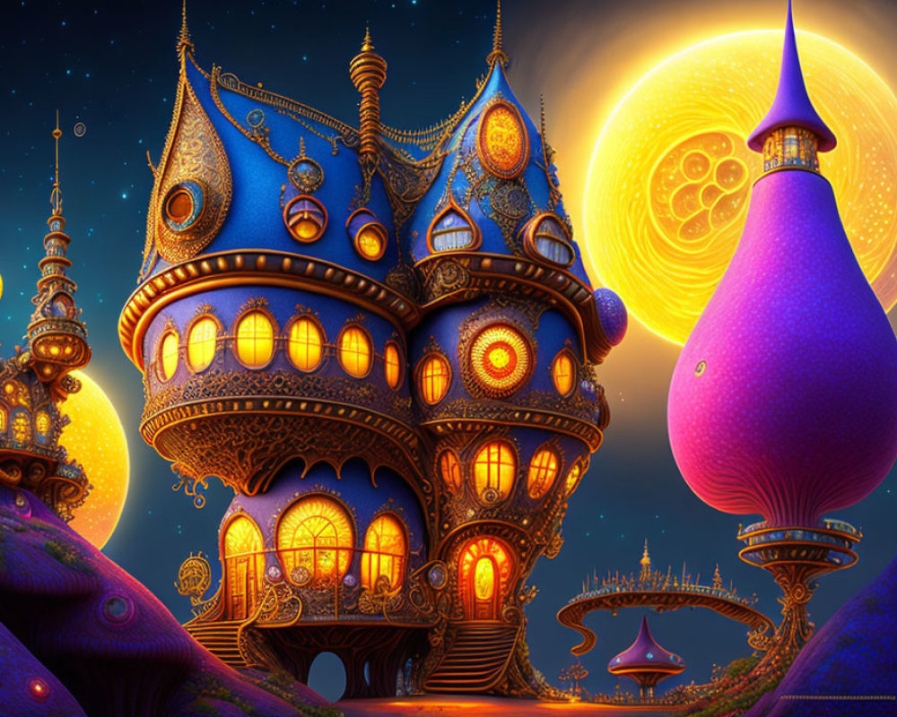 Fantasy palace illustration under starry sky with glowing moon