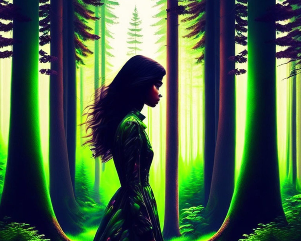 Woman in flowing dress in mystic forest with towering trees and beams of light.