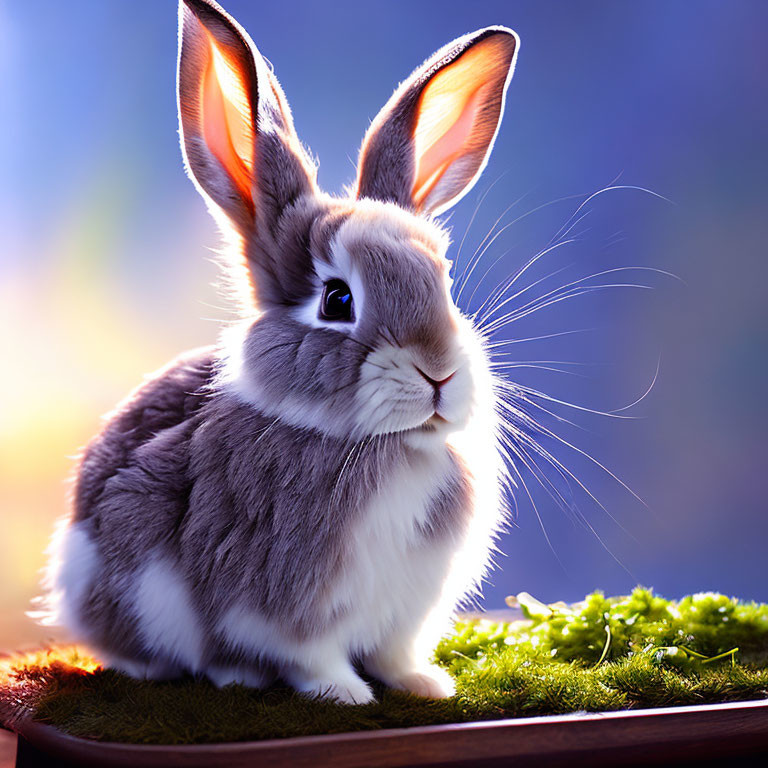 Fluffy Rabbit with Prominent Ears on Moss Against Blue Background