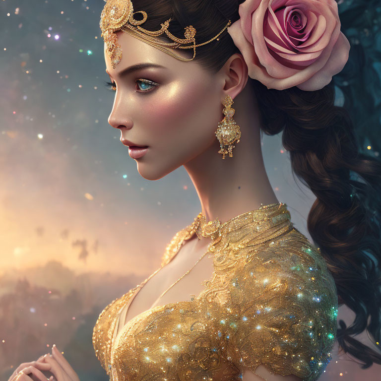 Digital artwork of woman in ornate dress with golden headpiece and earring against dreamy sky backdrop