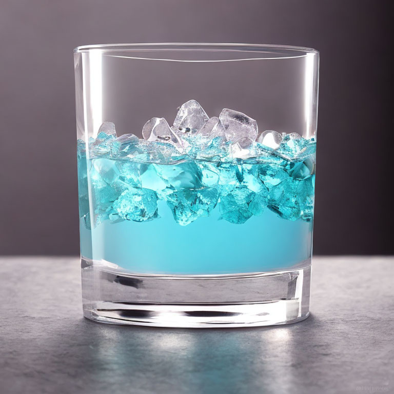 Glass of blue liquid and ice cubes on grey background