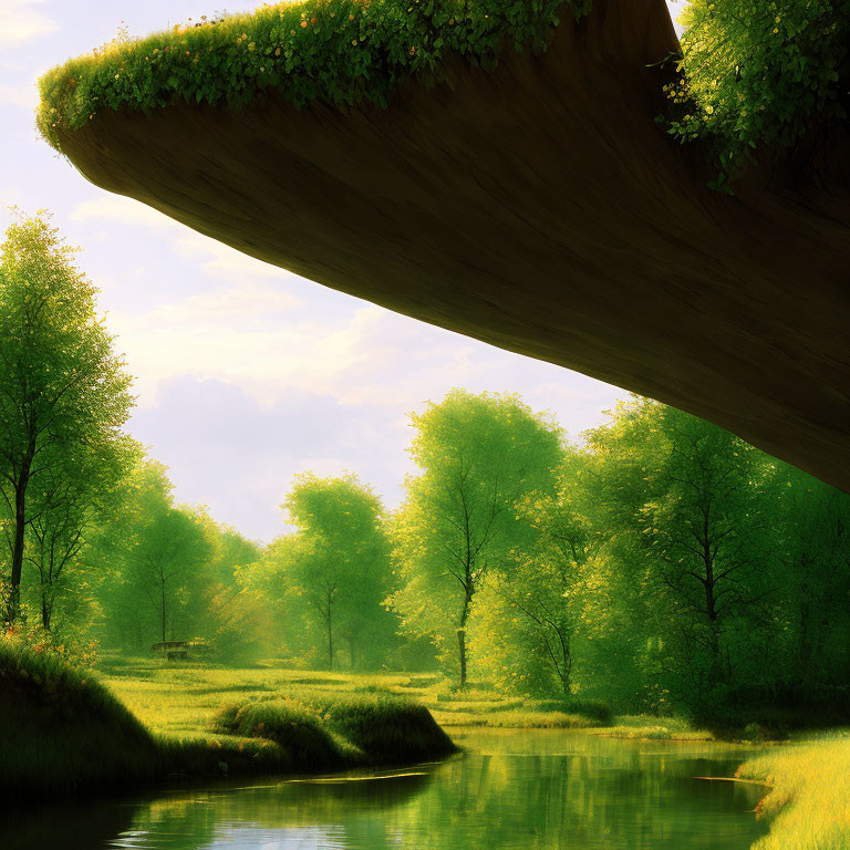 Tranquil landscape with green trees, river, and floating island