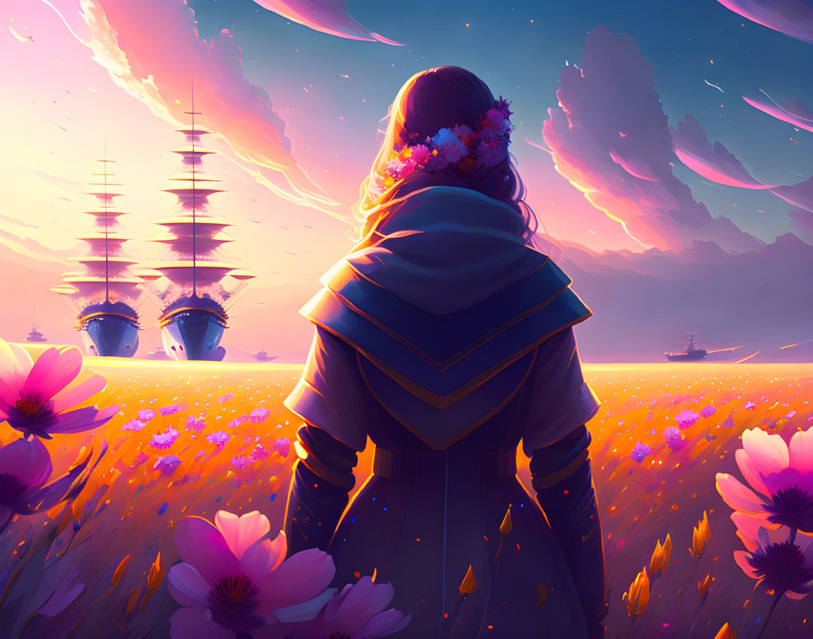 Person in Vibrant Flower Field Watching Ships at Purple Sunset