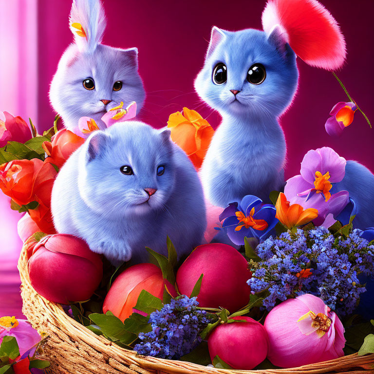 Three Blue Kittens Surrounded by Flowers and Easter Eggs