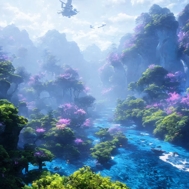 Mystical forest with blue river, pink trees, and rock formations