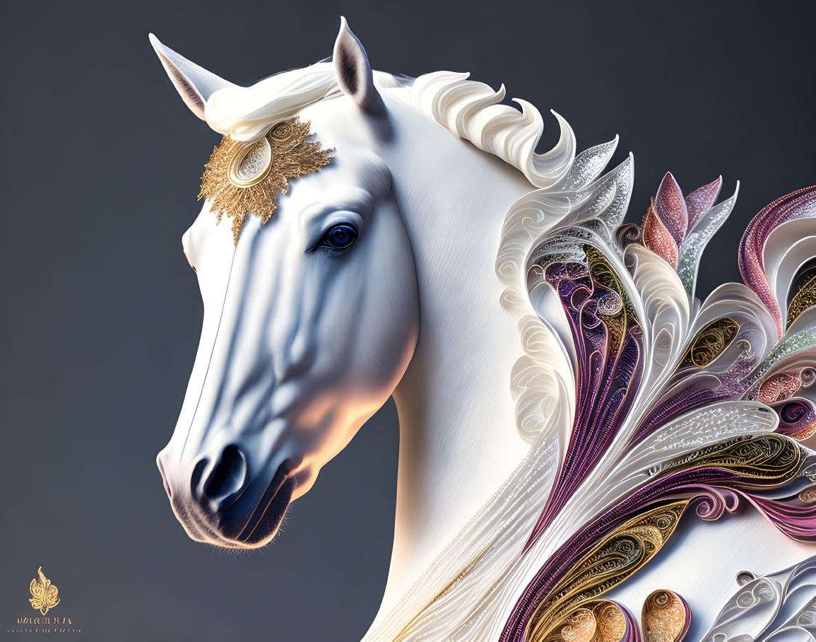 Stylized white horse with golden adornments and pastel hues