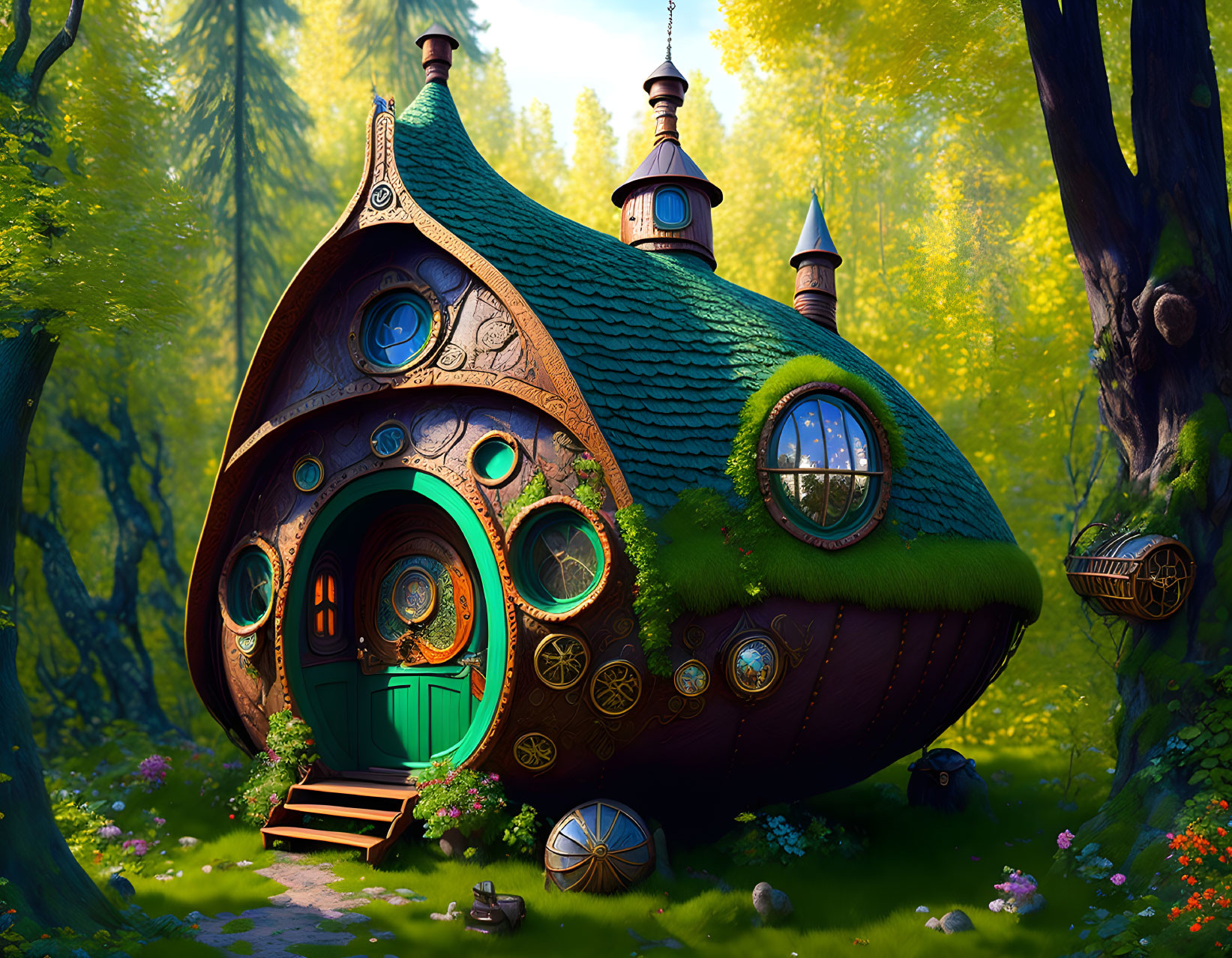 Whimsical forest cottage with round door and circular windows in vibrant woodland setting