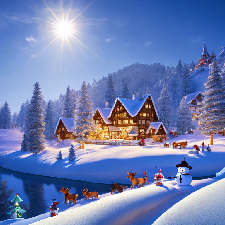 Winter Scene: Cozy House, Snowman, Christmas Tree, Festive Dogs