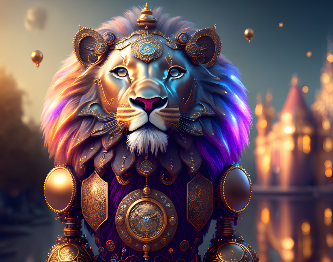 Colorful Mane Lion in Golden Armor with Mechanical Elements