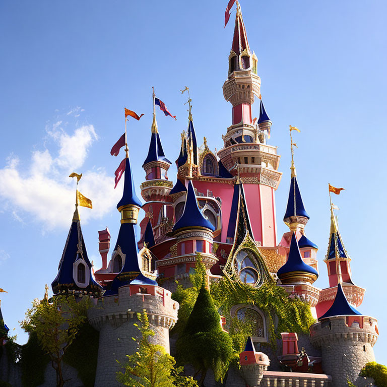 Colorful fairytale castle with soaring spires and blue rooftops against clear sky