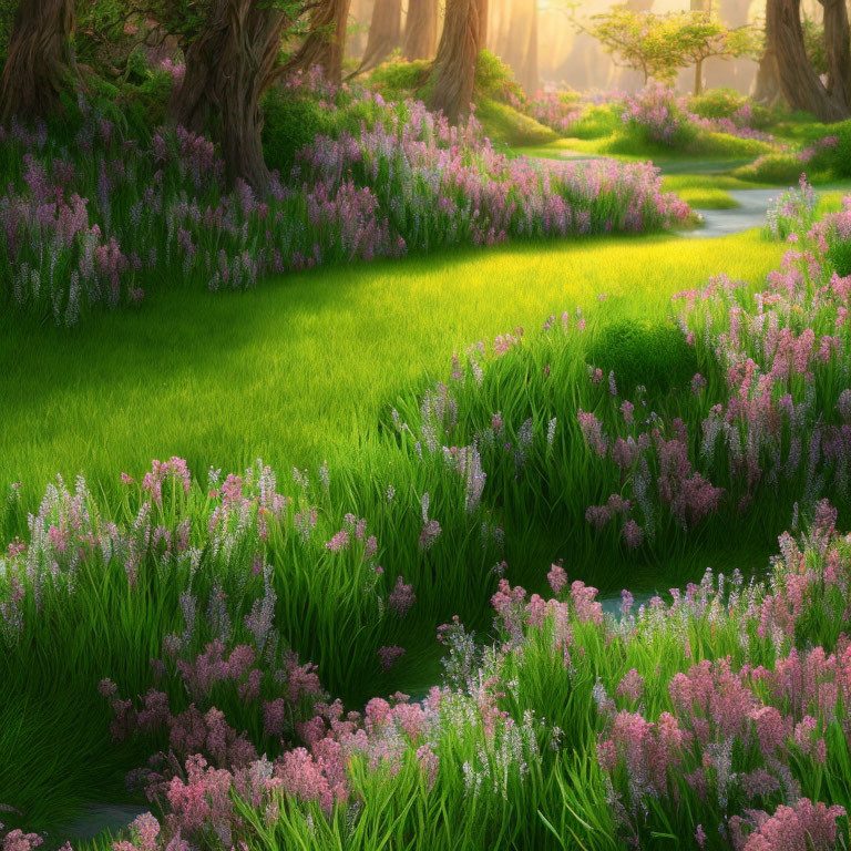 Lush forest scene with sunlight, meadow, wildflowers, and stream