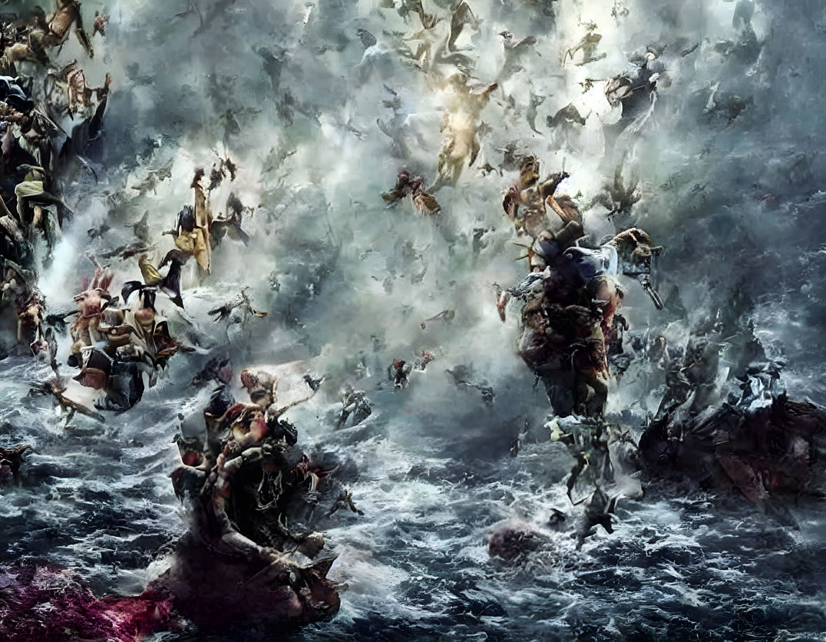 Mythological battle scene with winged beings and warriors in stormy waters