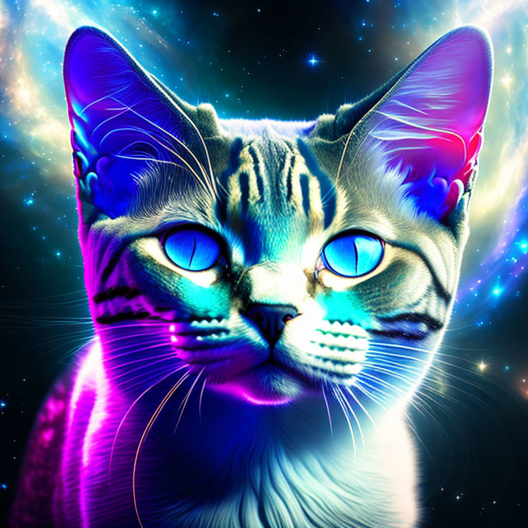 Colorful digital artwork: Cat with blue eyes in cosmic setting