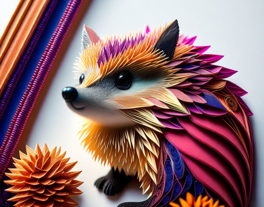 Vibrant textured paper art: Stylized hedgehog on gradient backdrop with warm tones