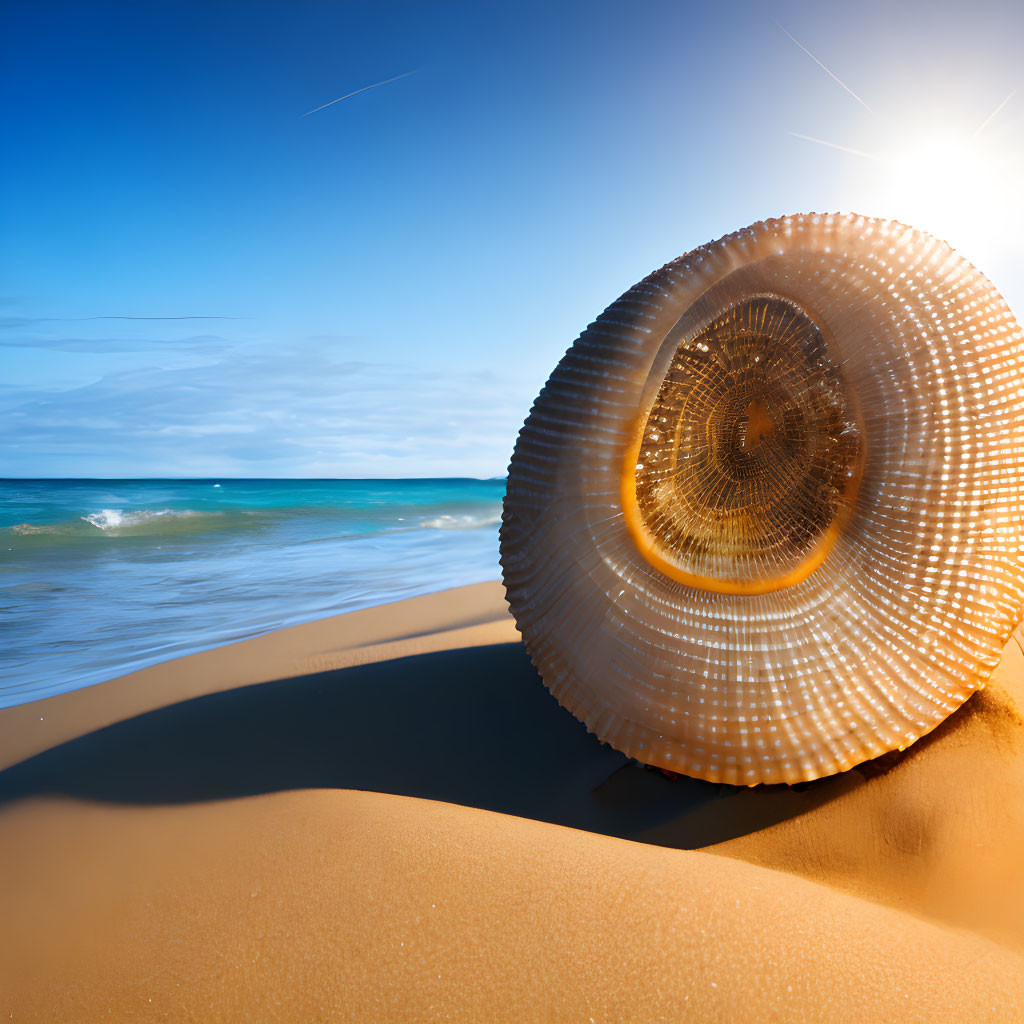 Oversized seashell on sandy beach under clear blue sky