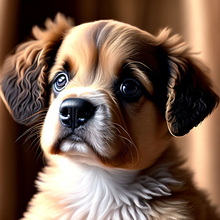 Fluffy Brown and White Puppy Portrait with Expressive Eyes