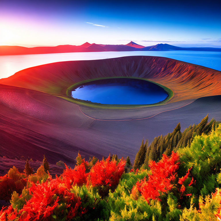 Vivid Autumn Landscape with Crater Lake and Hills