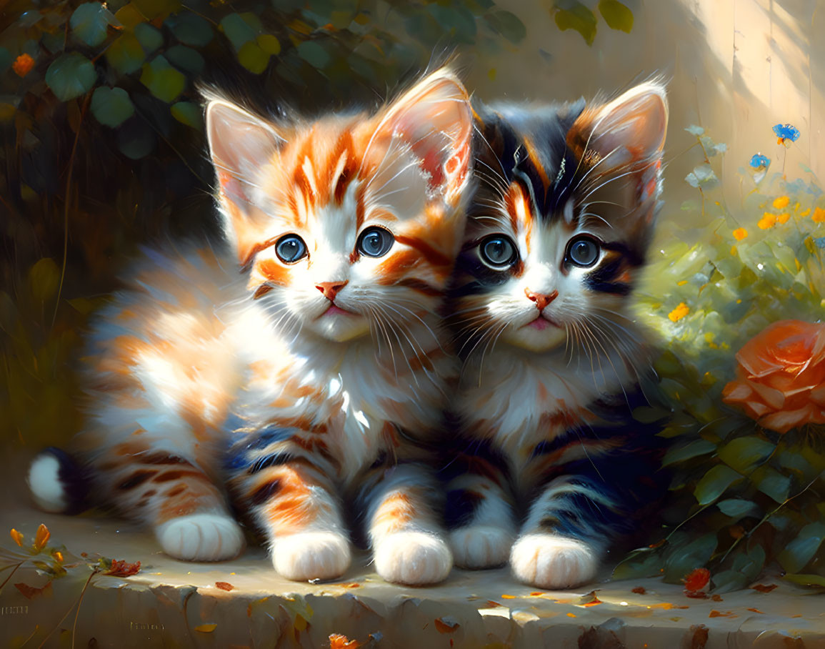 Adorable Kittens with Striking Fur Patterns in Serene Setting