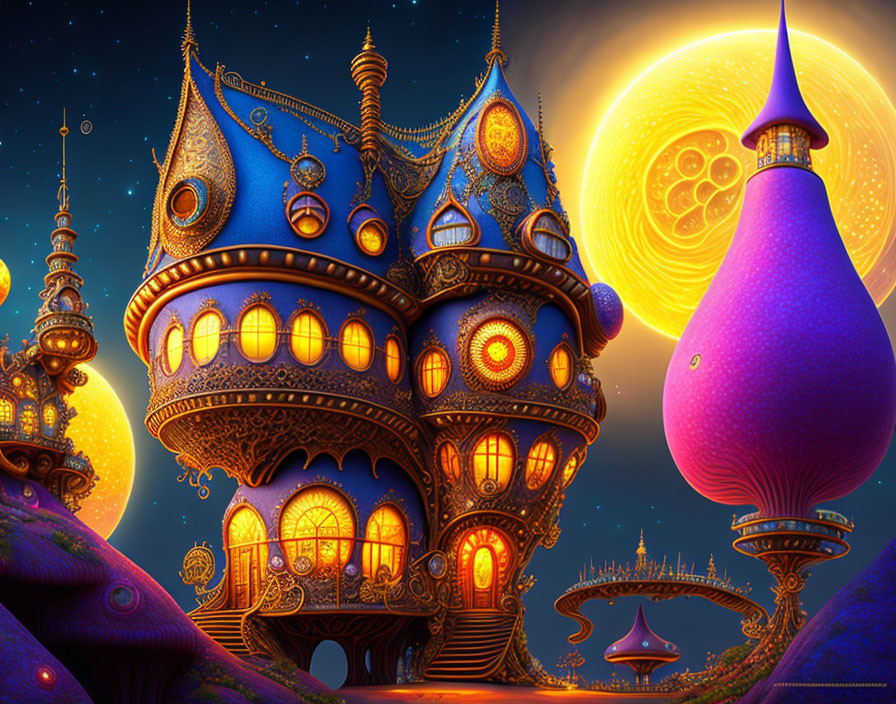 Fantasy palace illustration under starry sky with glowing moon