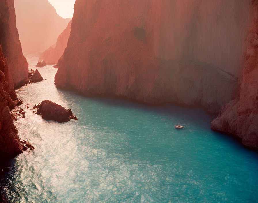 Turquoise River in Red Canyon with Boat Drifting Peacefully