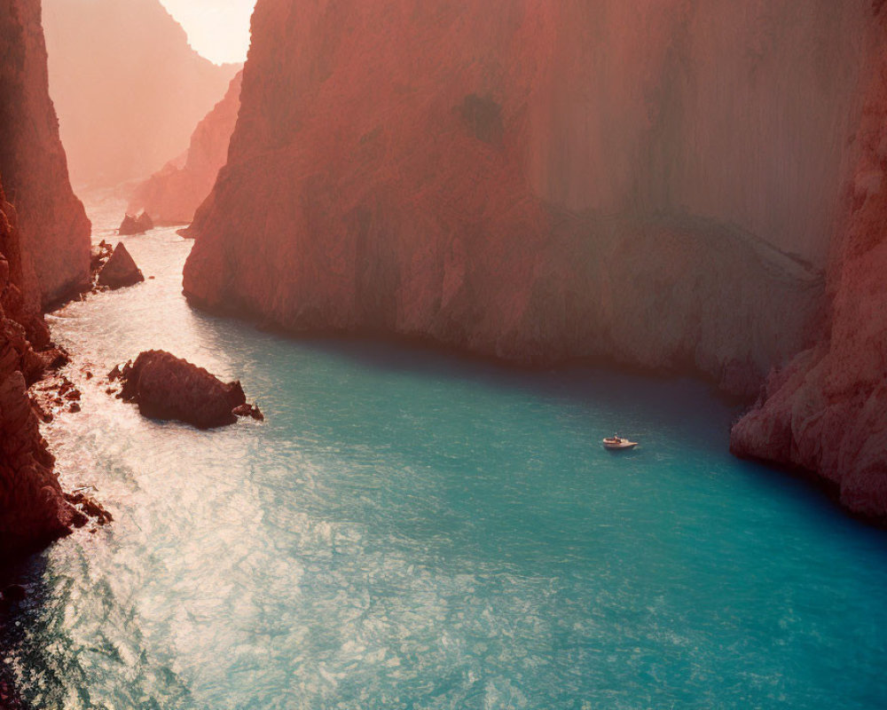 Turquoise River in Red Canyon with Boat Drifting Peacefully