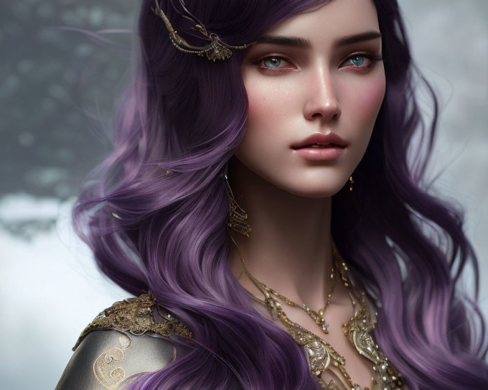 Portrait of woman with red eyes, purple hair, and gold jewelry