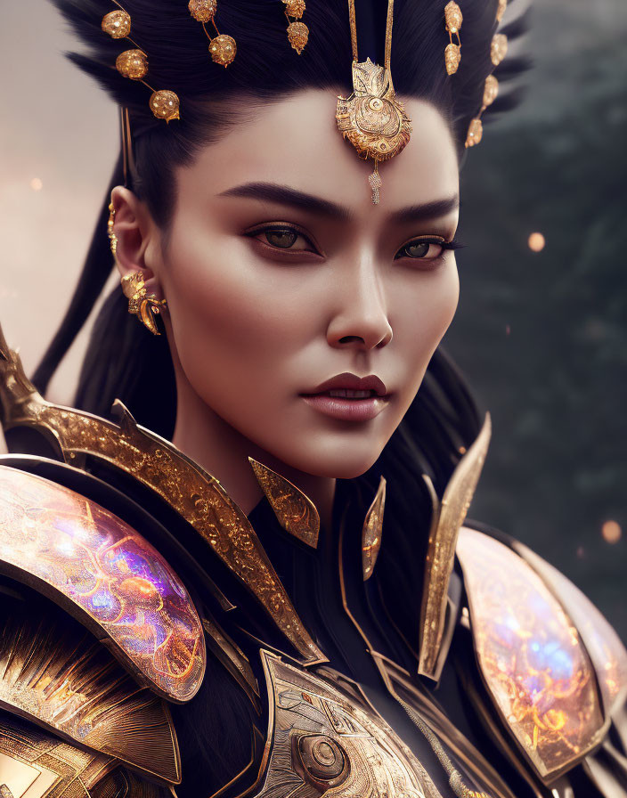 Elaborate gold jewelry and ornate armor portrait in subtle setting