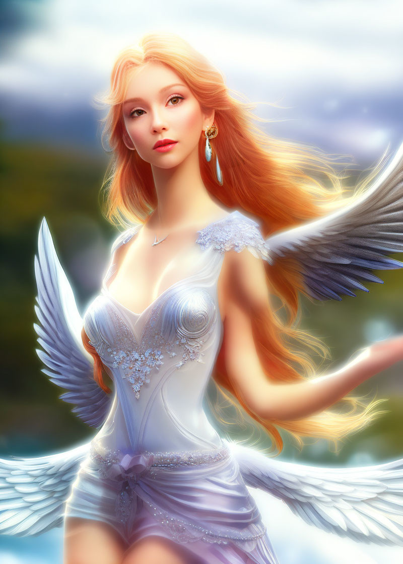 Female angel digital art: White wings, red hair, elegant dress on cloudy sky