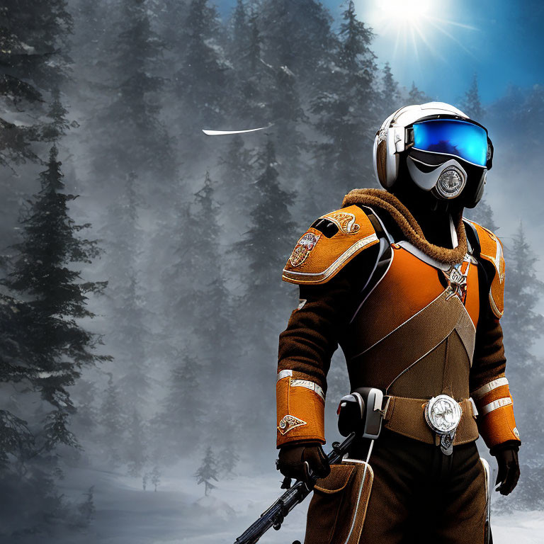 Skier in Orange and Brown Suit with Reflective Visor Helmet in Snowy Forest