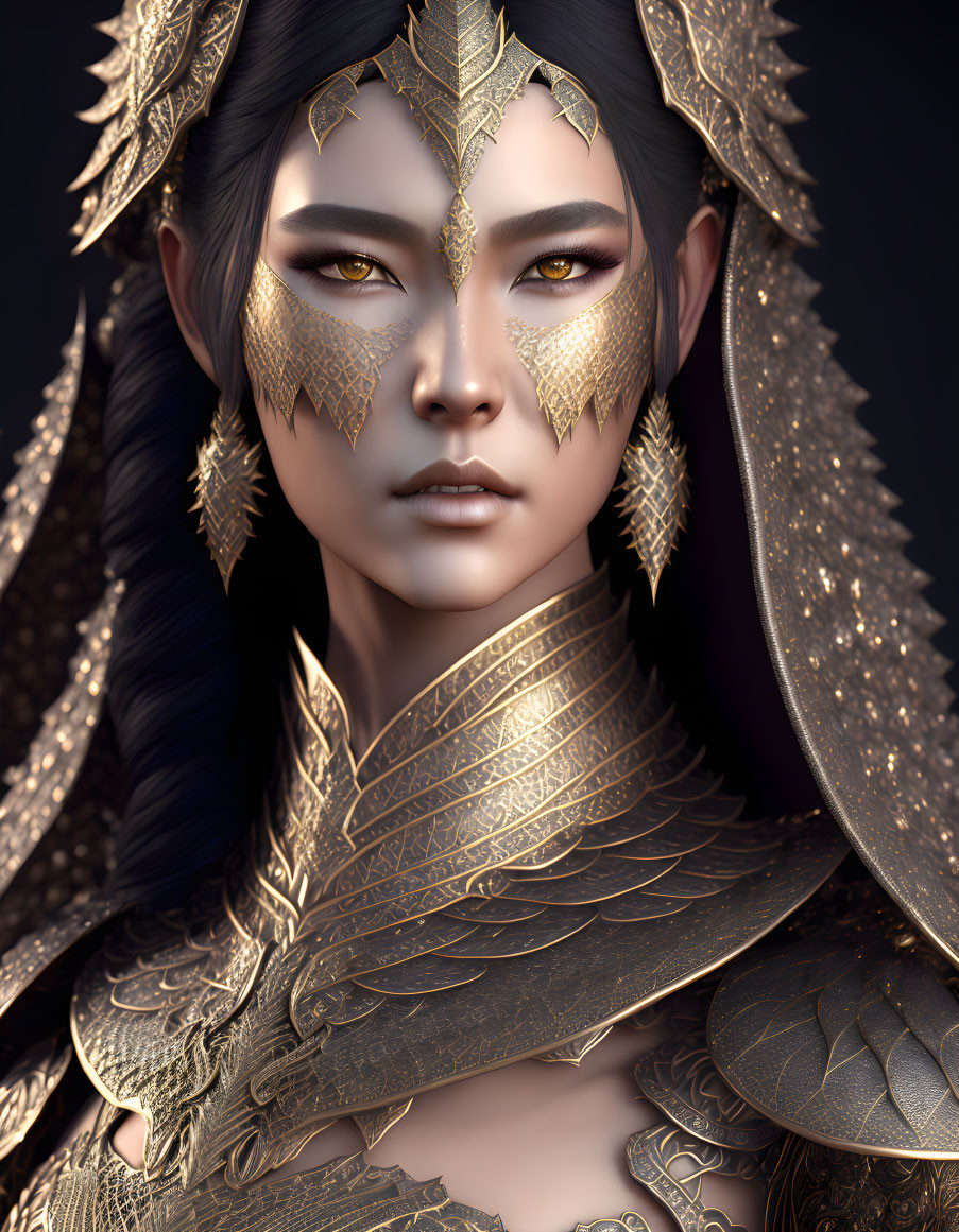 Regal character digital art portrait with golden armor and leaf-like accents