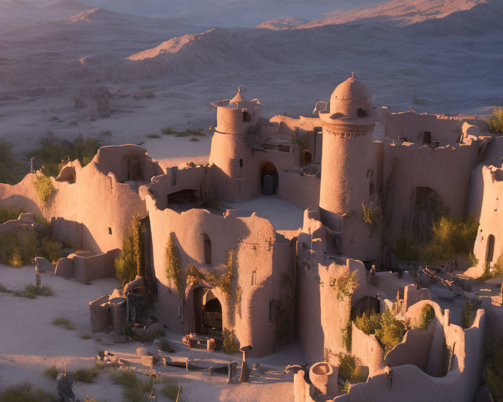 Ancient fortress with domed structures in desert sunset glow