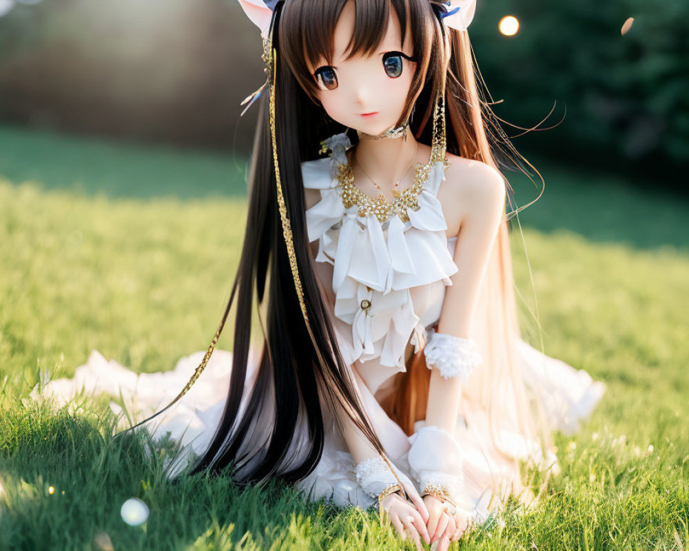 Black-haired doll with cat ears in white outfit and gold jewelry on grassy field