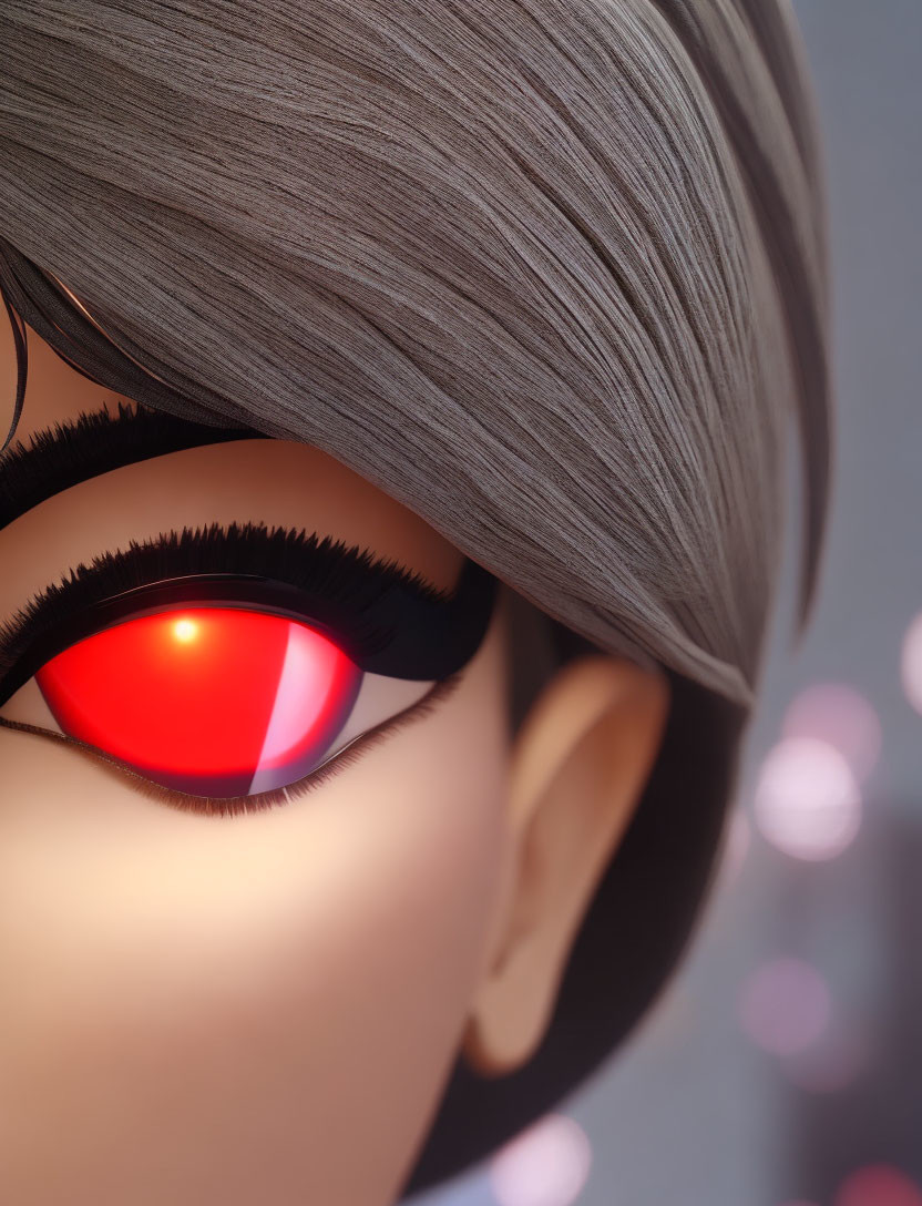 Silver-haired 3D character with glowing red eye in intense close-up.