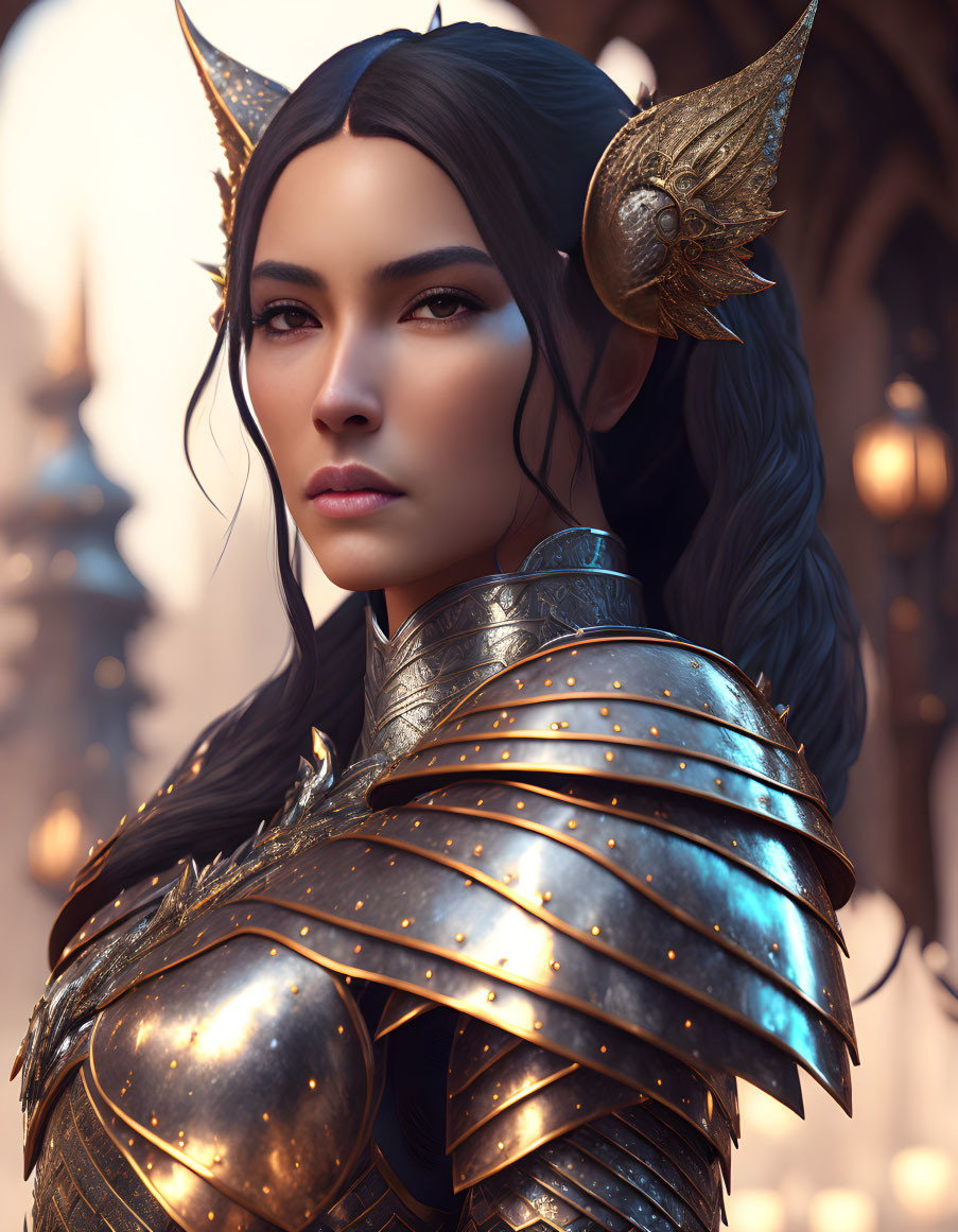 Digital artwork of woman in elf-like armor with golden shoulder embellishments