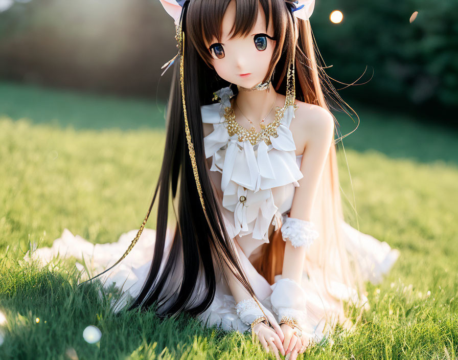 Black-haired doll with cat ears in white outfit and gold jewelry on grassy field