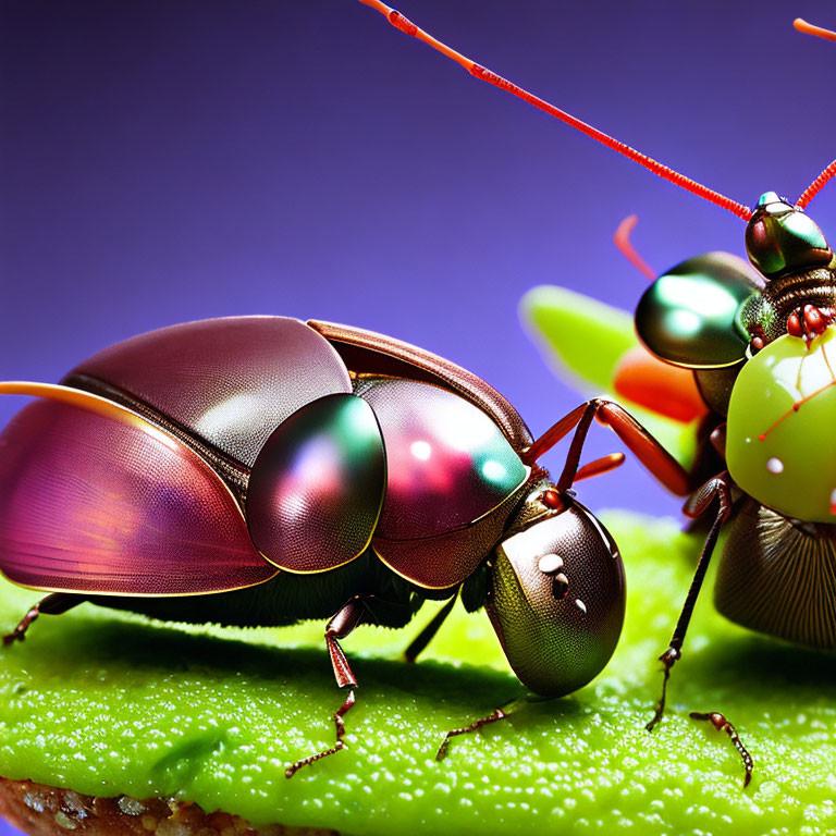 Vibrant Metallic Beetles on Green Leaf: Shiny Exoskeletons & Antennae