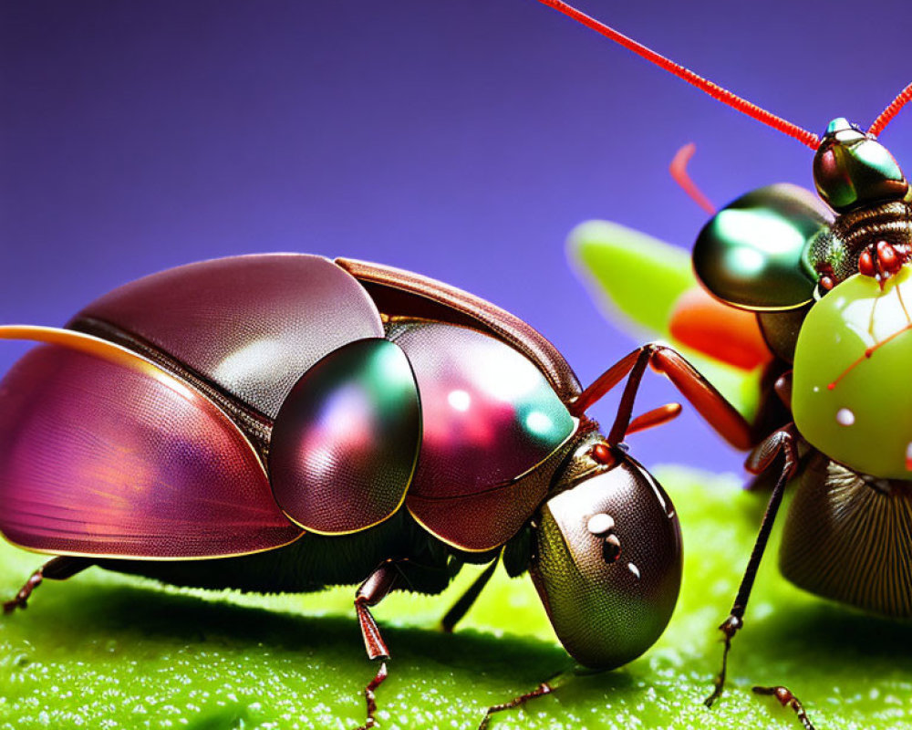 Vibrant Metallic Beetles on Green Leaf: Shiny Exoskeletons & Antennae