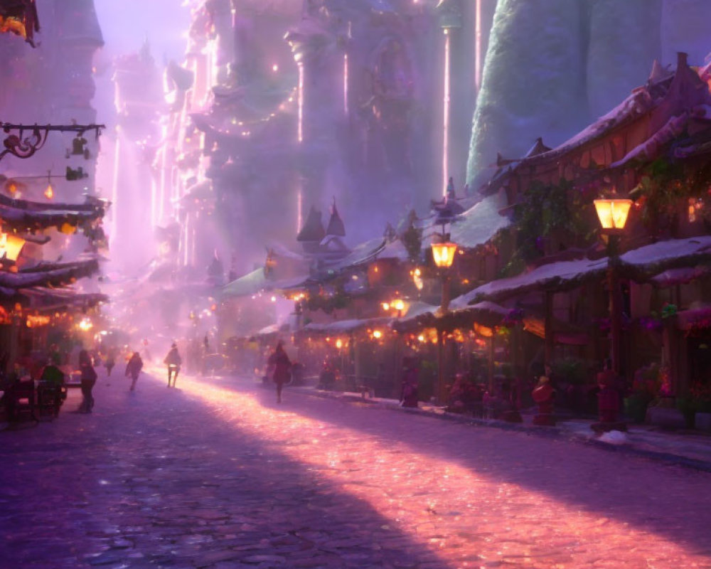 Snow-covered village street at dusk with warm lighting and festive decorations