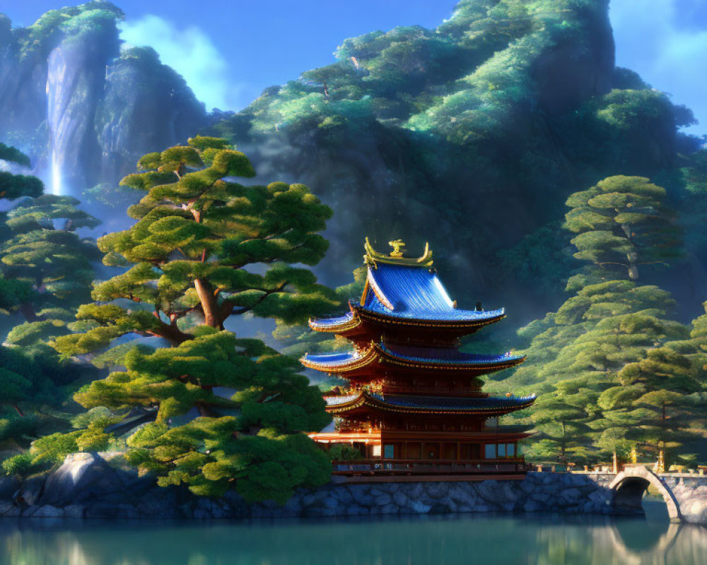 Tranquil Asian pagoda in lush landscape by calm lake