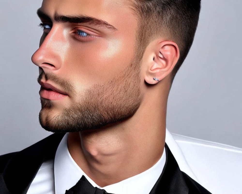 Blue-eyed man in tuxedo with styled hair and stubble on grey background