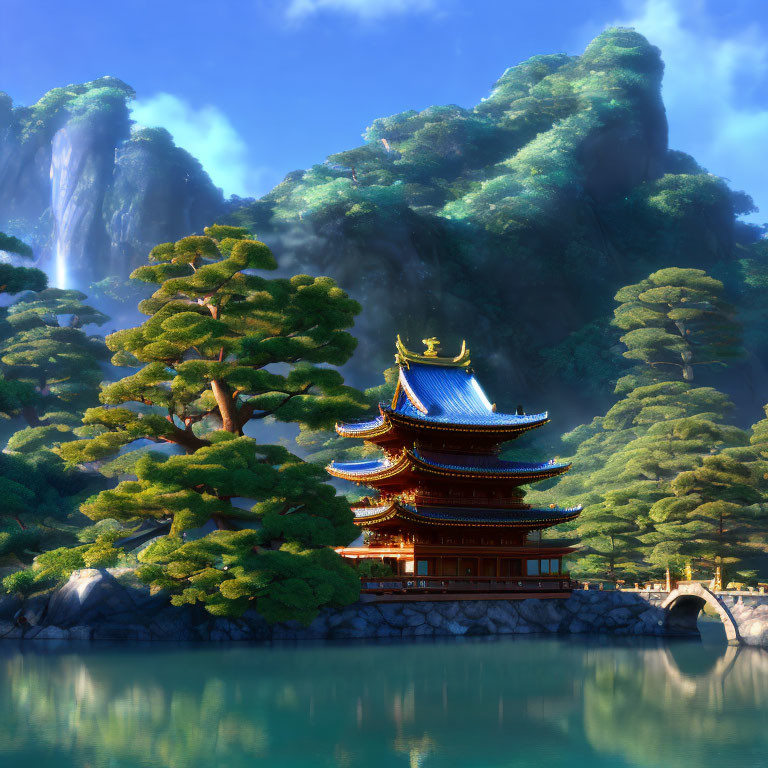 Tranquil Asian pagoda in lush landscape by calm lake