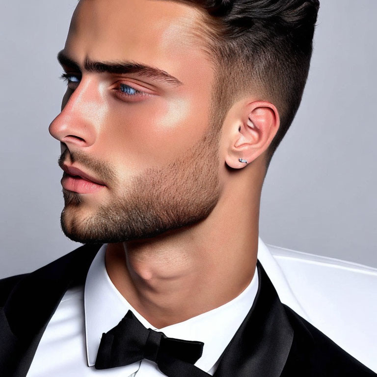 Blue-eyed man in tuxedo with styled hair and stubble on grey background