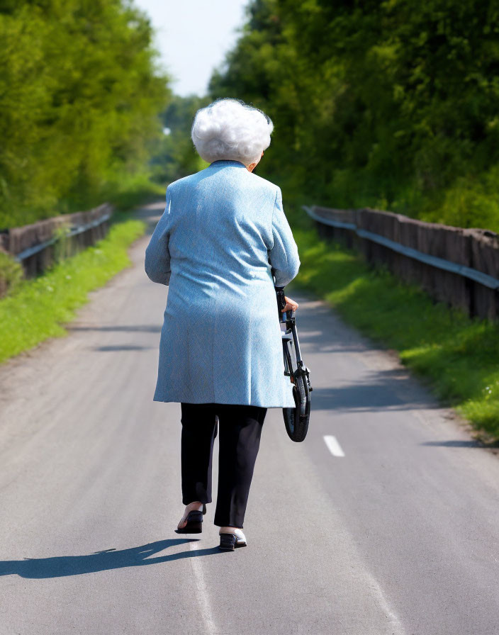 Elderly woman in blue coat walking with cane on rural road