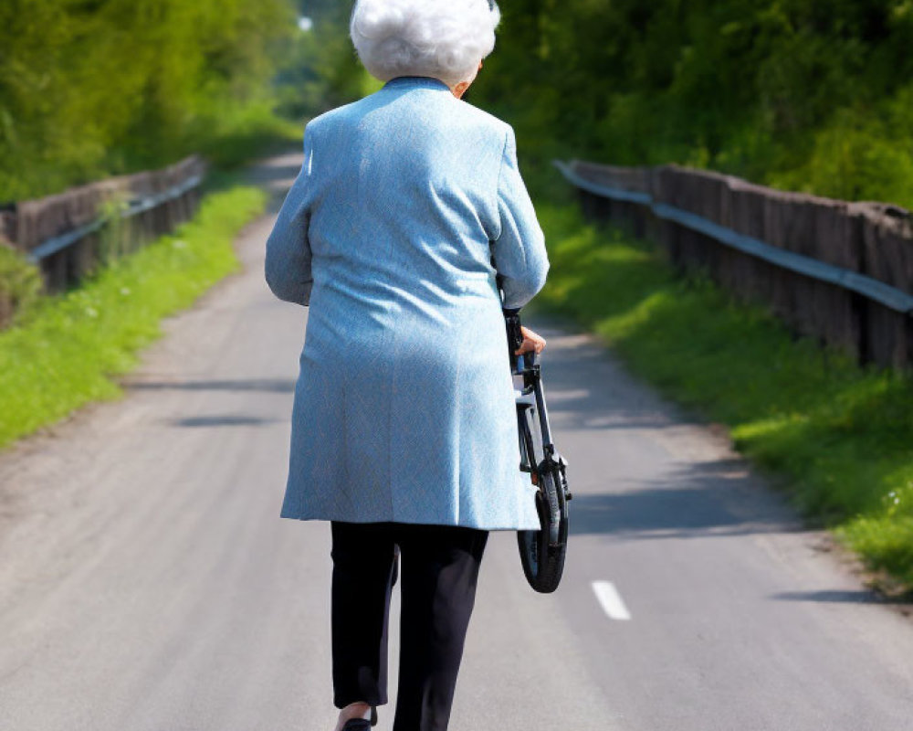 Elderly woman in blue coat walking with cane on rural road