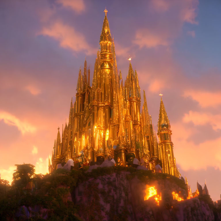 Golden castle on craggy hill with sunset-lit spires and pink sky