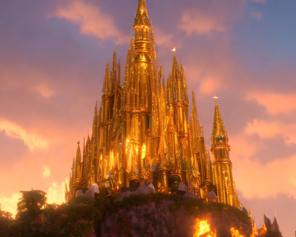 Golden castle on craggy hill with sunset-lit spires and pink sky