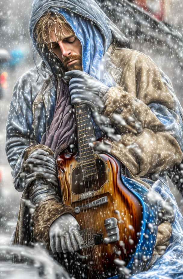 Bearded man in winter coat plays guitar in snow