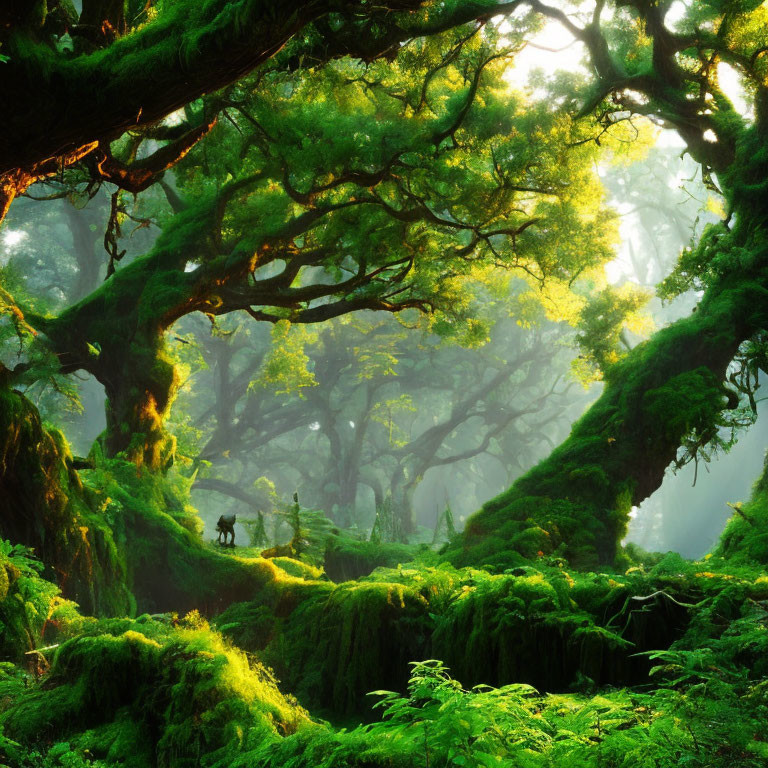 Sunlit Green Forest with Mossy Ground & Wildlife Silhouettes